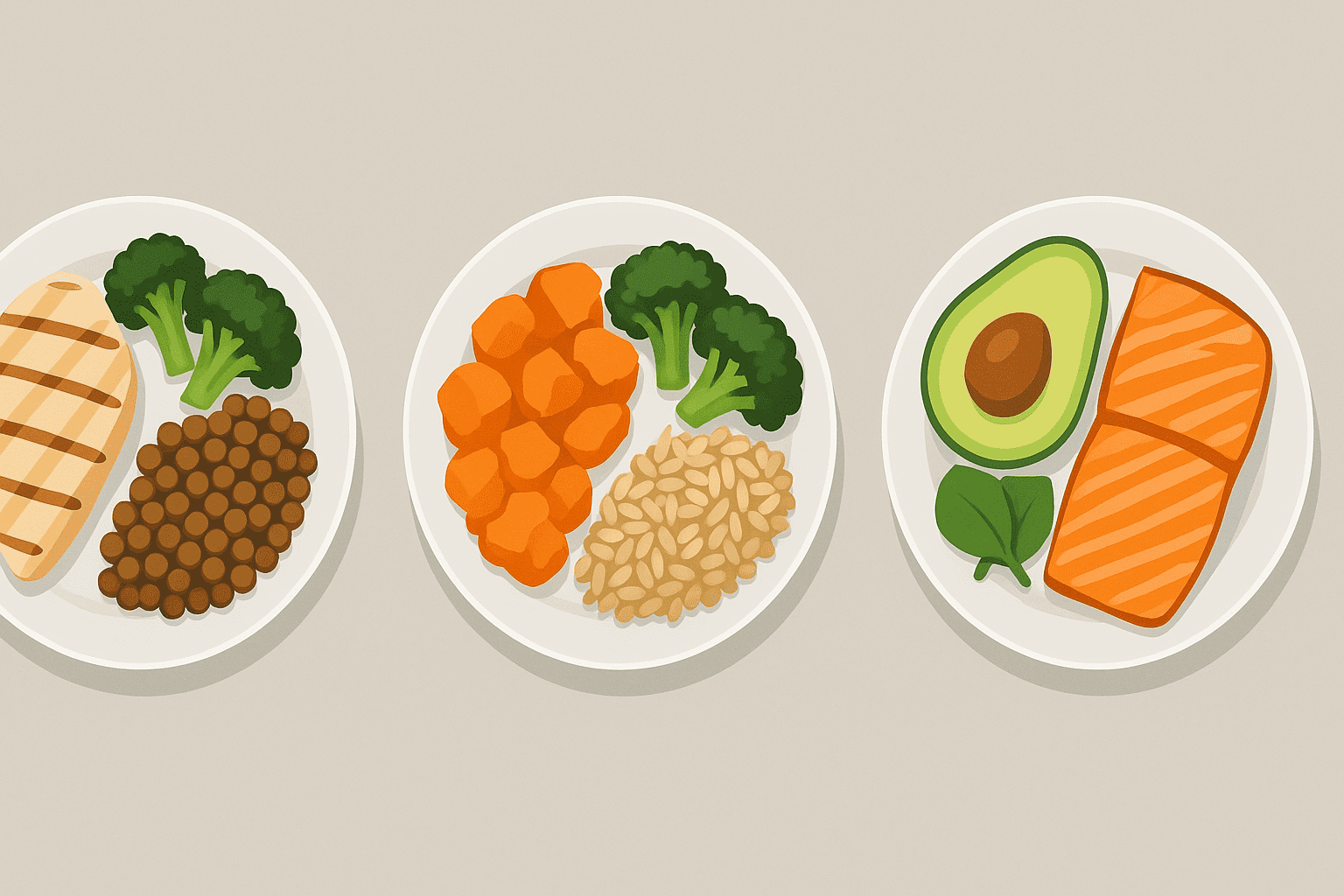 Three balanced plates representing protein, carb, and fat distribution for optimized meal prep for men.