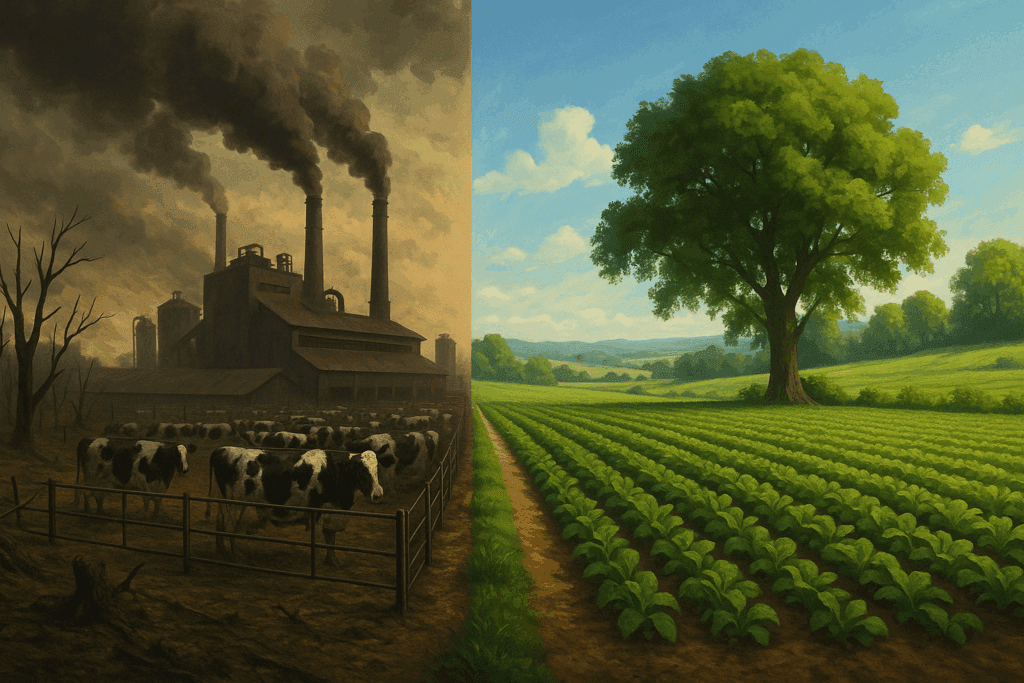 Symbolic comparison of plant vs. animal nutrient sources to show key Plant-Based Diet Pros and Cons