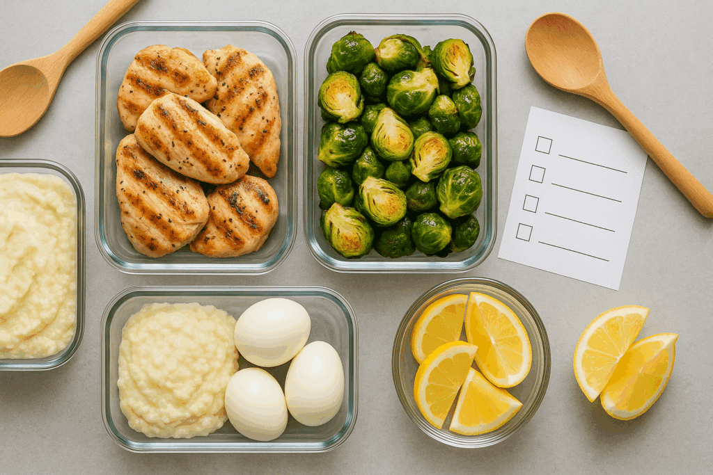 Batch-cooked chicken, roasted Brussels sprouts, and zucchini noodles laid out on a kitchen counter for smart meal prep ideas for a low carb diet.