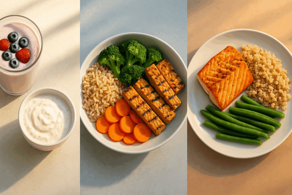 Daily meal layout featuring Greek yogurt breakfast, tempeh lunch, and salmon dinner—showcasing low calorie high protein meals for weight loss.