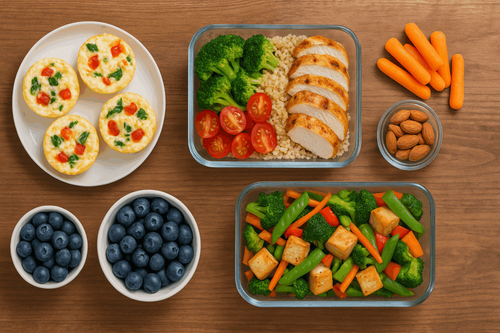 Day’s worth of easy low calorie meal prep meals organized in labeled containers for breakfast, lunch, and dinner