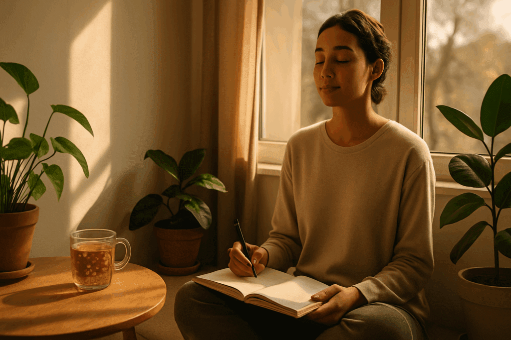 Person journaling by a sunlit window with tea and plants, demonstrating how mindfulness supports how to lose weight fast emotionally and mentally