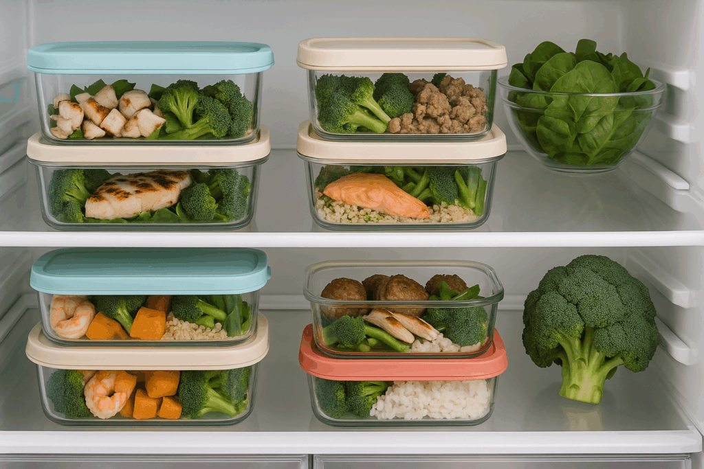 Person portioning high protein meal prep into glass containers with chicken breast, sweet potatoes, and spinach