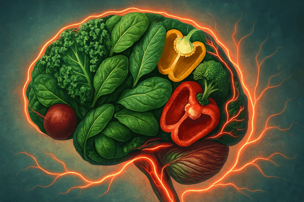 Brain formed from beets, spinach, and peppers illustrating what are the vegetables that improve memory and brain health