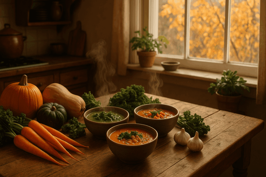 Five types of cozy vegan soups in small bowls, featuring butternut squash, black bean, lentil, and pumpkin varieties.