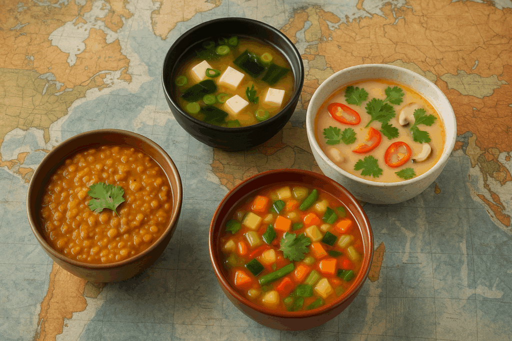 Warm Up Your Wellness Journey: 21 Hearty Vegan Soup Recipes for a Healthy, Plant-Based Lifestyle 4 Freshly made hearty vegan soup recipes simmering in a pot, surrounded by organic ingredients like celery, onions, garlic, and spices.