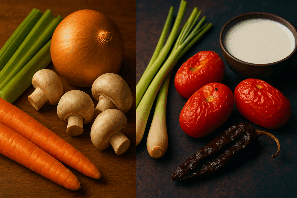 How to Create a Flavorful Vegan Soup Base: Easy Recipes for Healthier, Plant-Based Meals 4 Side-by-side ingredients showing traditional vegetables and global flavors like lemongrass and chipotle for a creative vegan soup base.