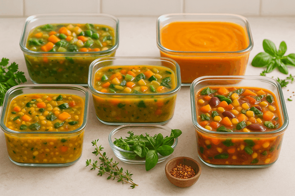 Warm and Wholesome: The Best Plant-Based Soups and Stews for Flavor, Fullness, and Weight Loss Support 4 Plant-based soups and stews simmering in a large pot with visible lentils, leafy greens, carrots, and herbs in a cozy kitchen.