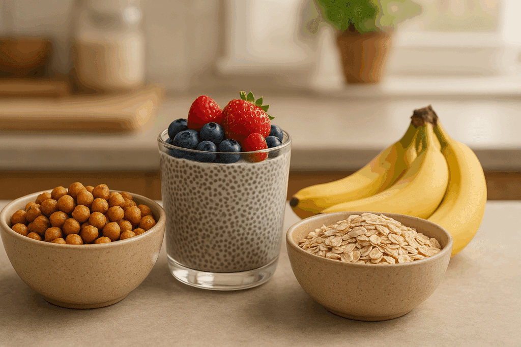 Smart Snacking on a Plant-Based Diet: Best Whole Food Plant Based Snacks Backed by Nutrition Science 4 Flat-lay of homemade best whole food plant based snacks featuring roasted chickpeas, chia pudding, and fresh berries in a bright kitchen setting