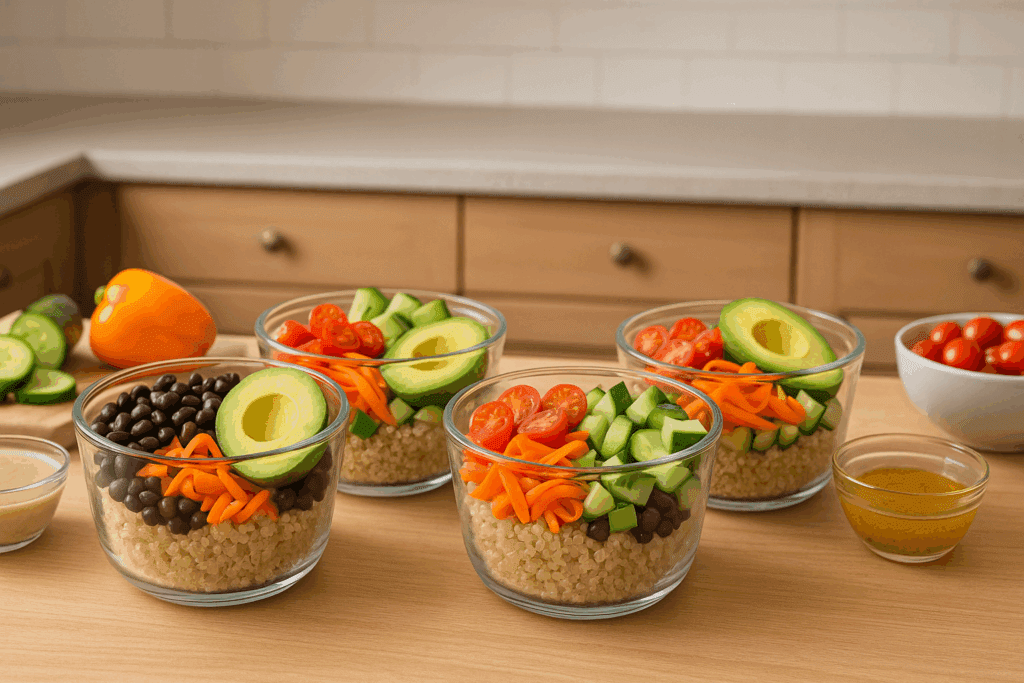 Smart & Satisfying: Plant-Based Lunch Ideas for Weight Loss Backed by Nutrition Science 4 Plant-Based Lunch Ideas for Weight Loss showcasing bowls of chickpeas, brown rice, leafy greens, tomatoes, and tahini dressing