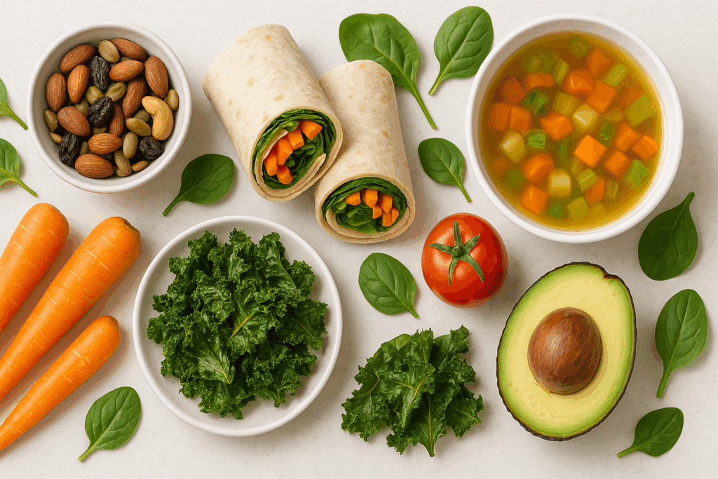 Smart Snacking for Plant-Based Eaters: Top Low Calorie and Low Fat Vegan Snacks Backed by Nutrition Experts 4 Air-popped popcorn, sliced vegetables, and fresh fruits displayed for Smart Snacking for Plant-Based Eaters focused on low fat nutrition.
