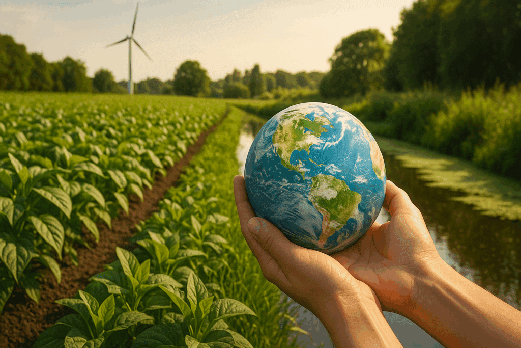 How the Green Mediterranean Diet Plan Supports Heart and Metabolic Health: What the Science Says About This Plant-Powered Eating Style 5 Hands holding Earth above duckweed ponds and green fields, symbolizing the sustainable focus of the Green Mediterranean Diet Plan