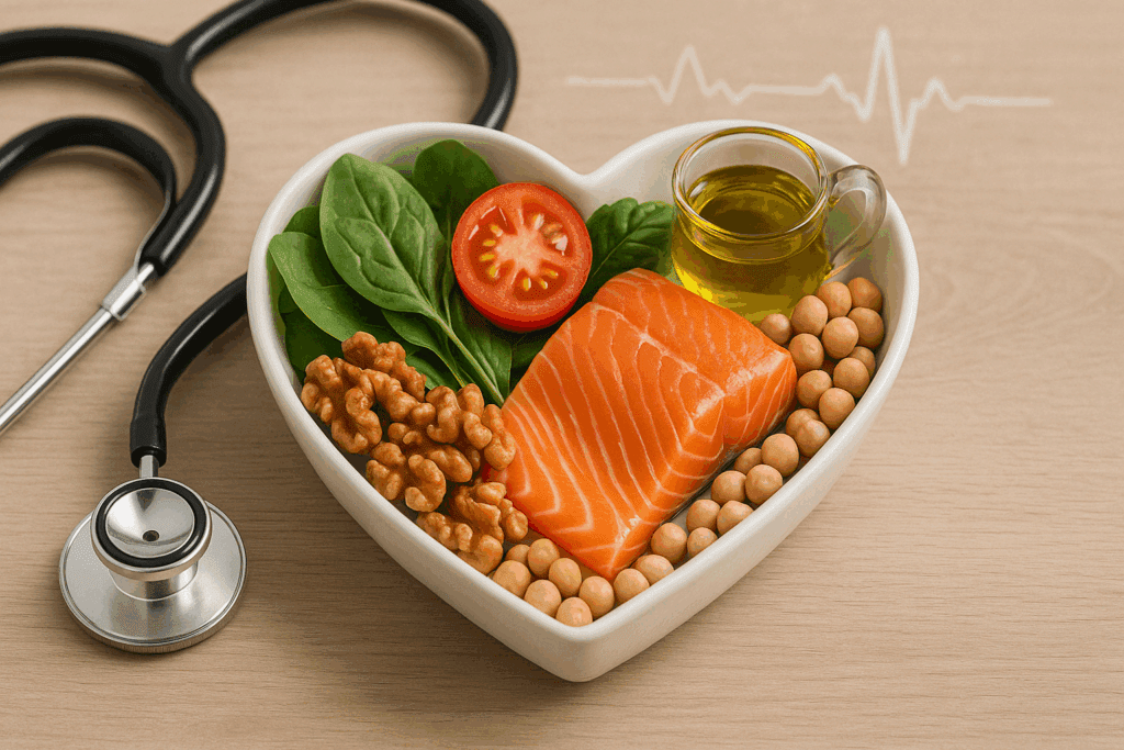 Heart-shaped bowl filled with salmon, greens, walnuts, and olive oil promoting heart health and how to start a Mediterranean diet