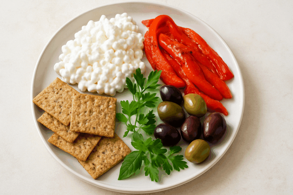 Balanced meal plate with cottage cheese, olives, roasted peppers, and herbs showing a flexible Mediterranean diet with olive oil.