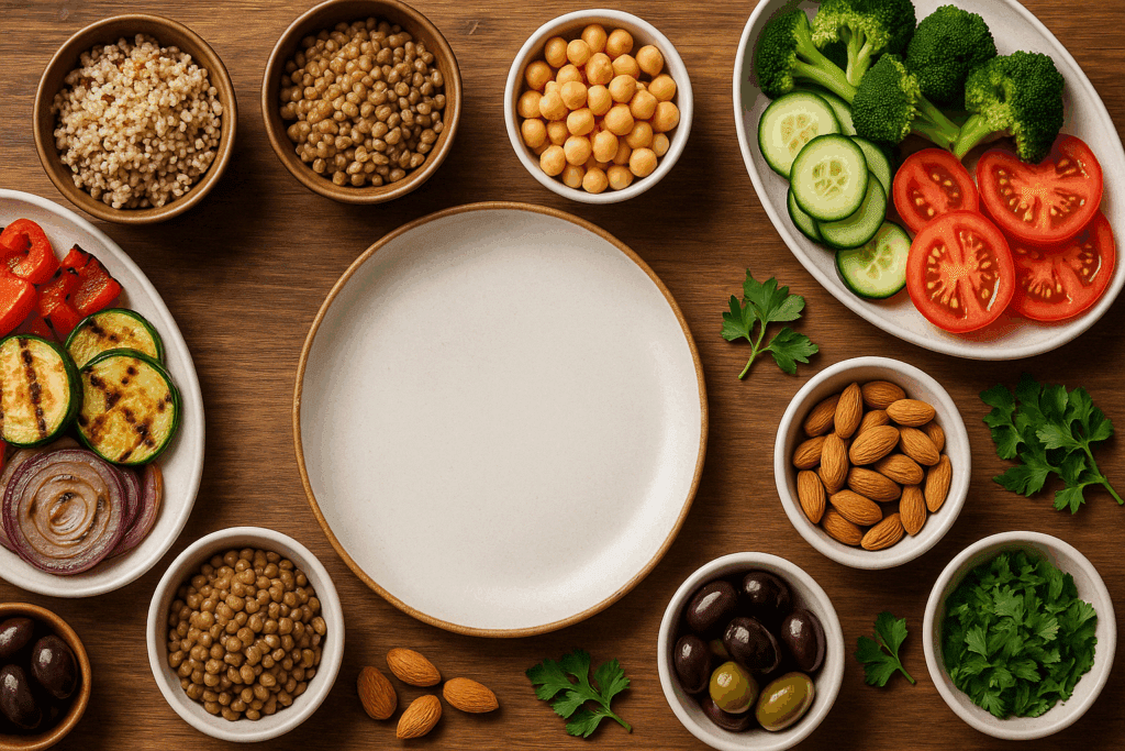 Side-by-side comparison of keto food vs healthy Mediterranean meal ideas with vibrant vegetables and legumes