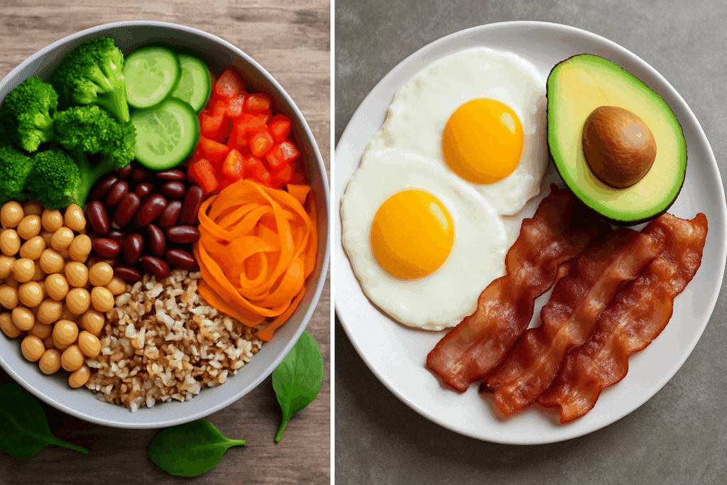 "Side-by-side visual comparison of plant-based and keto meals illustrating options for a low calorie diet for weight loss"