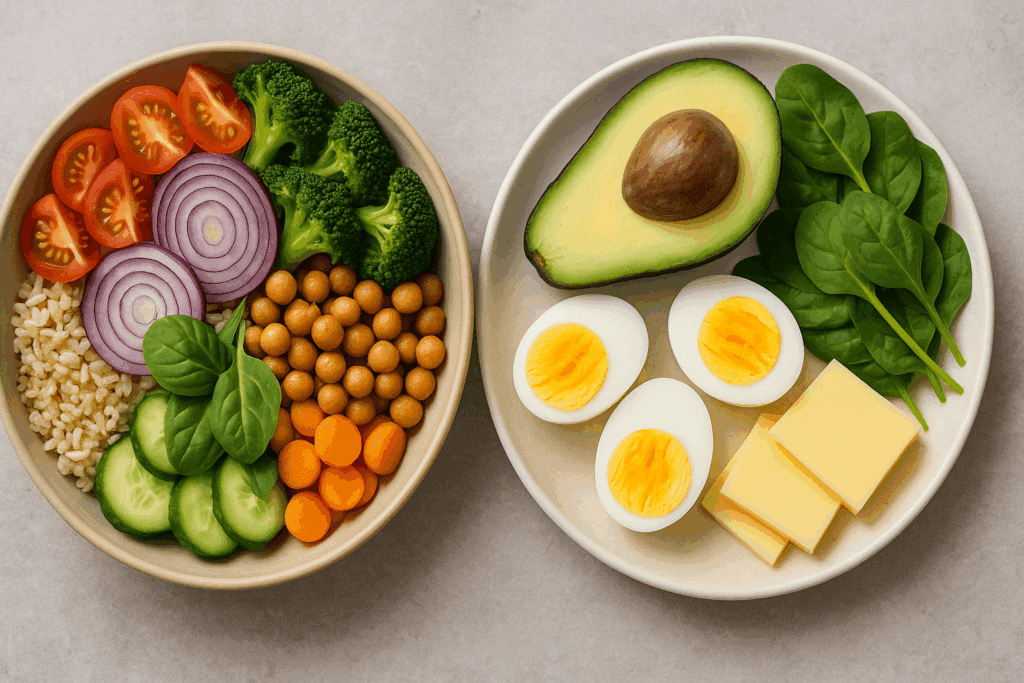 Understanding the Different Types of Vegetarians: What Does Vegetarian Mean and Why Are People Choosing This Lifestyle? 4 Side-by-side meals showing how keto diet foods compare visually with whole-food options eaten by different types of vegetarians.