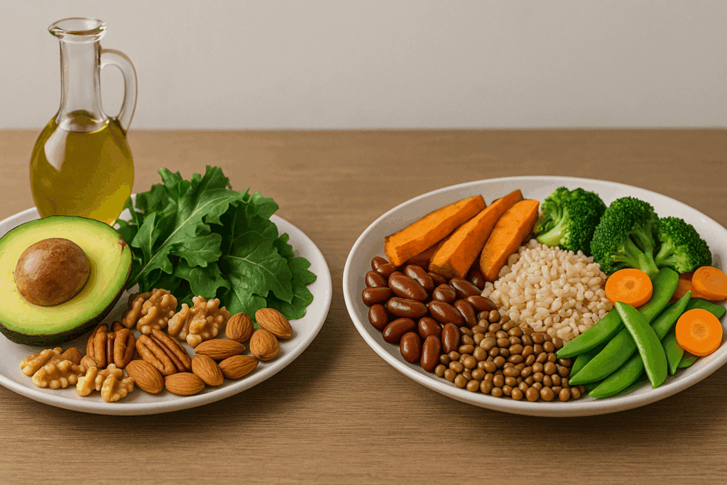 Visual comparison of keto and plant-based plates exploring low-carb trends in vegan vs vegetarian diets