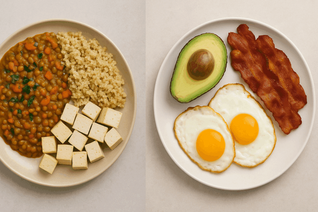 Side-by-side comparison of plant-based and keto meals highlighting differences in a high protein vegetarian diet for weight loss