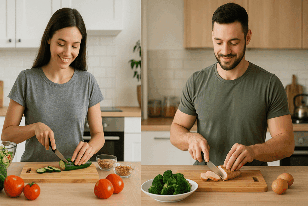 Two people meal prepping in kitchens, demonstrating practical weight management differences in vegetarian vs non vegetarian eating habits.
