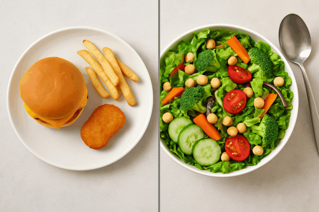 How to Eat Fewer Calories Without Feeling Hungry: What to Eat for a Calorie Deficit to Lose Weight Safely 4 "Split image comparing processed food vs. whole food meal, illustrating what to eat for a calorie deficit to lose weight without feeling deprived."