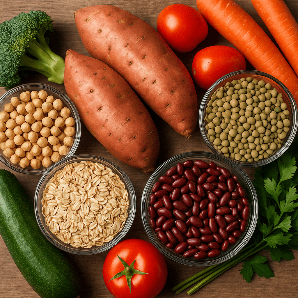 "Well-balanced plate with lean plant proteins, fiber-rich vegetables, and healthy fats, representing macronutrient balance in meal prep for weight loss."