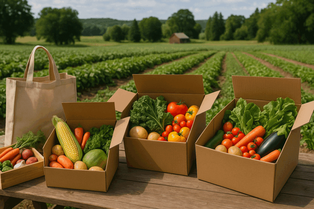 Are Meal Delivery Services Worth It? How the Best Prepared Food Delivery Options Support a Healthier, Stress-Free Lifestyle 4 "Local farm setting with fresh, seasonal produce packed into sustainable meal delivery boxes, focusing on sustainability in meal delivery services—are meal delivery services worth it?"