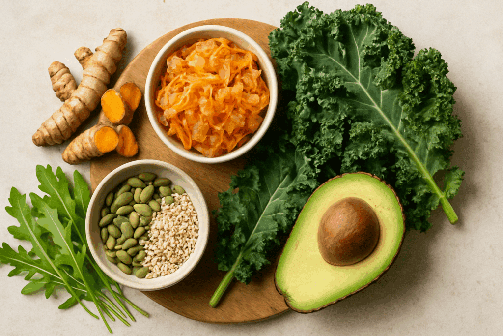 Functional superfoods like turmeric, arugula, and fermented veggies arranged for healthy salad meal delivery preparation