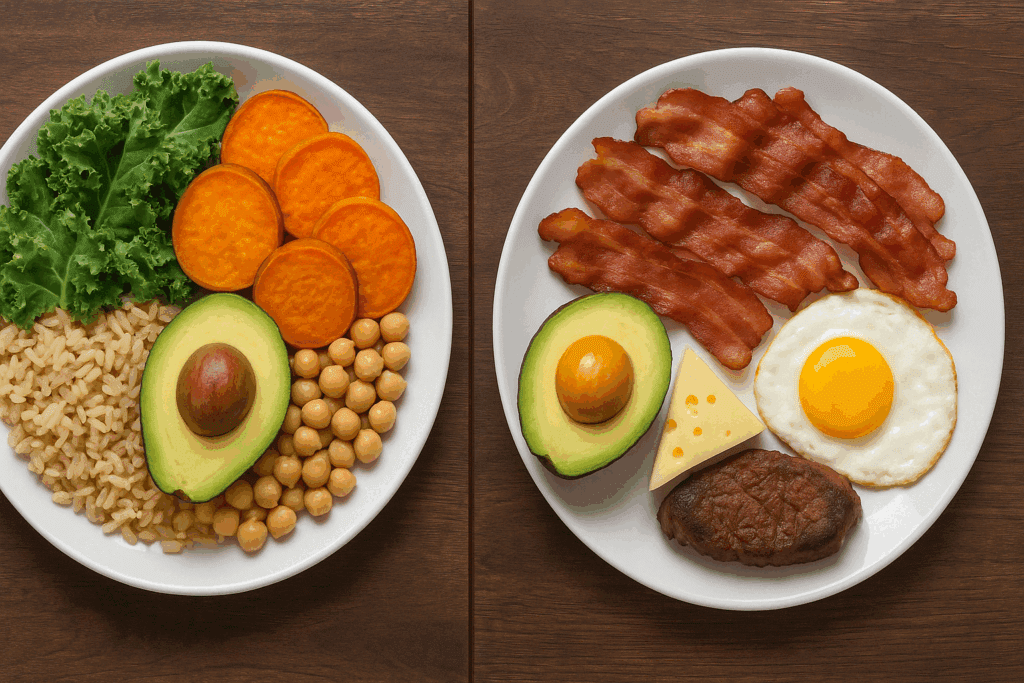 Side-by-side comparison of keto and clean eating meal plan foods showing different dietary approaches
