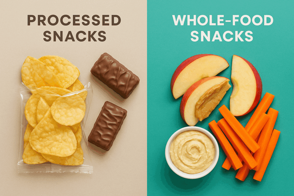Side-by-side snacks comparison showing processed vs. whole-food options for cutting back eating strategically