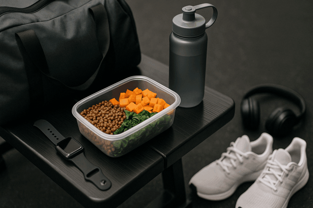 Post-workout cutting meal next to gym gear illustrating practical examples of what to eat while cutting