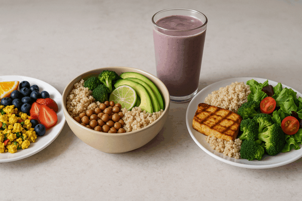 "Infographic detailing how to eat for fat loss and muscle gain with portion sizes and macro breakdowns"