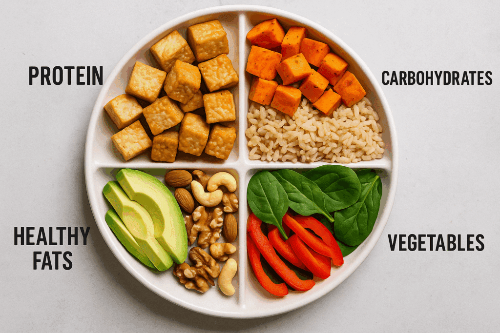 Visual timeline of breakfast, lunch, dinner, and post-workout smoothie arranged to illustrate easy high protein meals for muscle gain