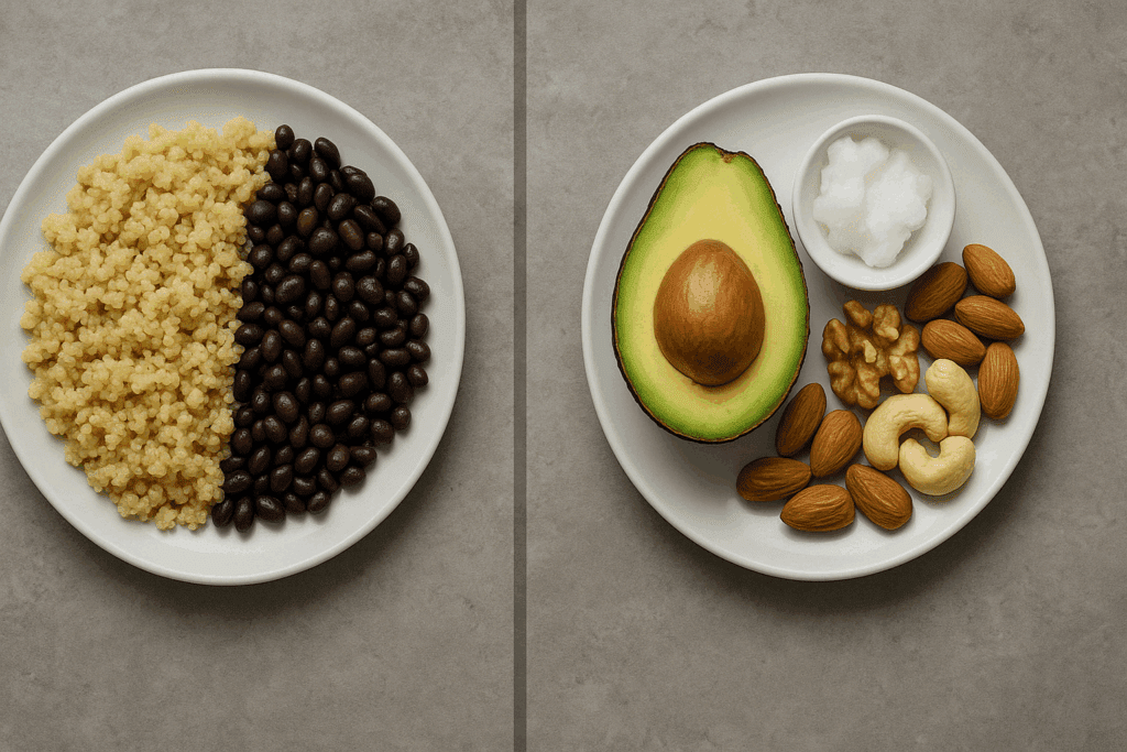 Side-by-side comparison of keto and low-carb plates used in bodybuilding simple meals planning