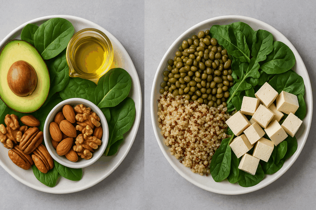 Side-by-side keto and low-carb meals comparing options for what to eat to build muscle and burn fat