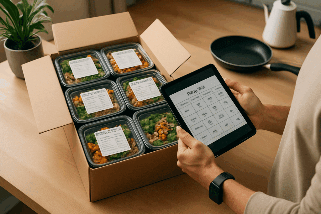 Athletic person organizing weekly meals from a fitness meal prep service aligned with personal health goals