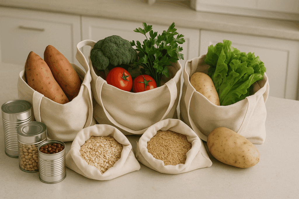 Reusable shopping bags filled with whole food staples used for building cost-effective easy weekly meal plans.