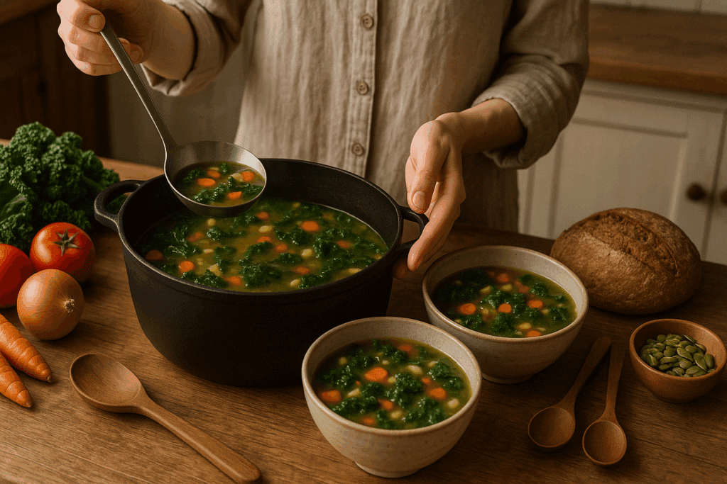 Nutrient-Packed Vegan Kale Soup Recipes to Support Immune Health and Plant-Based Living 4 Step-by-step cooking process of vegan kale soup recipes with sautéed aromatics, simmering broth, and chopped vegetables.