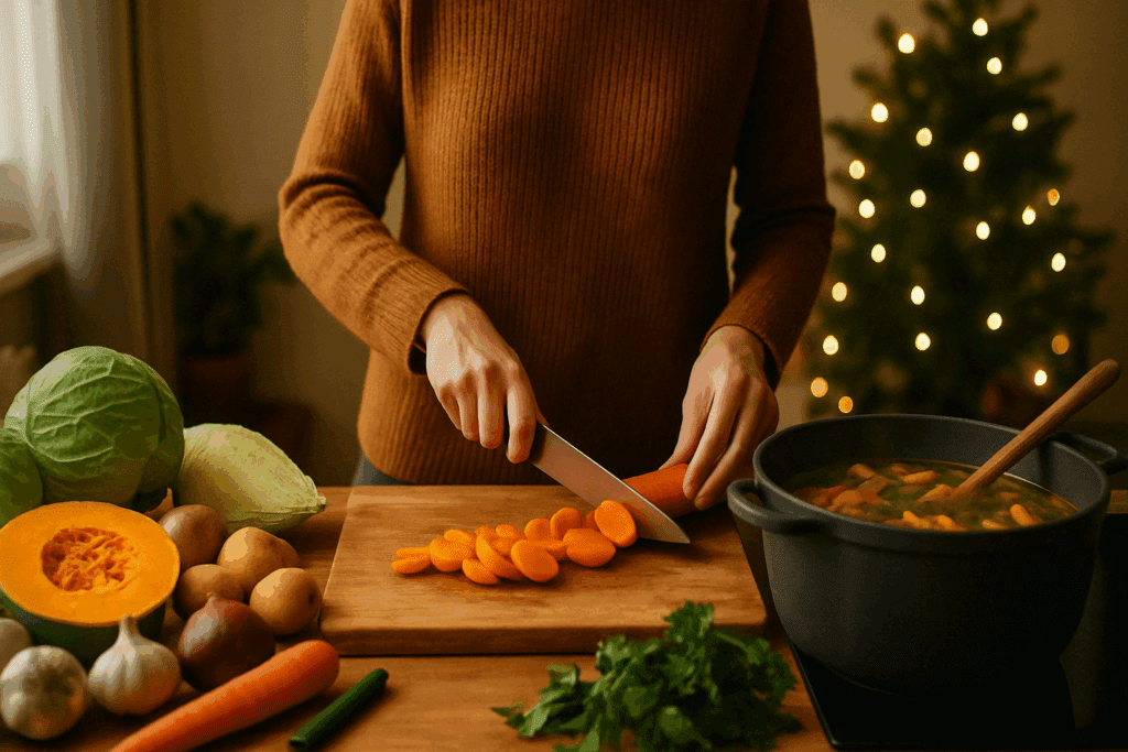 Festive Vegan Soup Ideas for a Cozy Christmas: Nourishing Recipes to Warm Your Holiday Table 4 Hands chopping vegetables and stirring a pot while preparing festive vegan soup from scratch during the holiday season