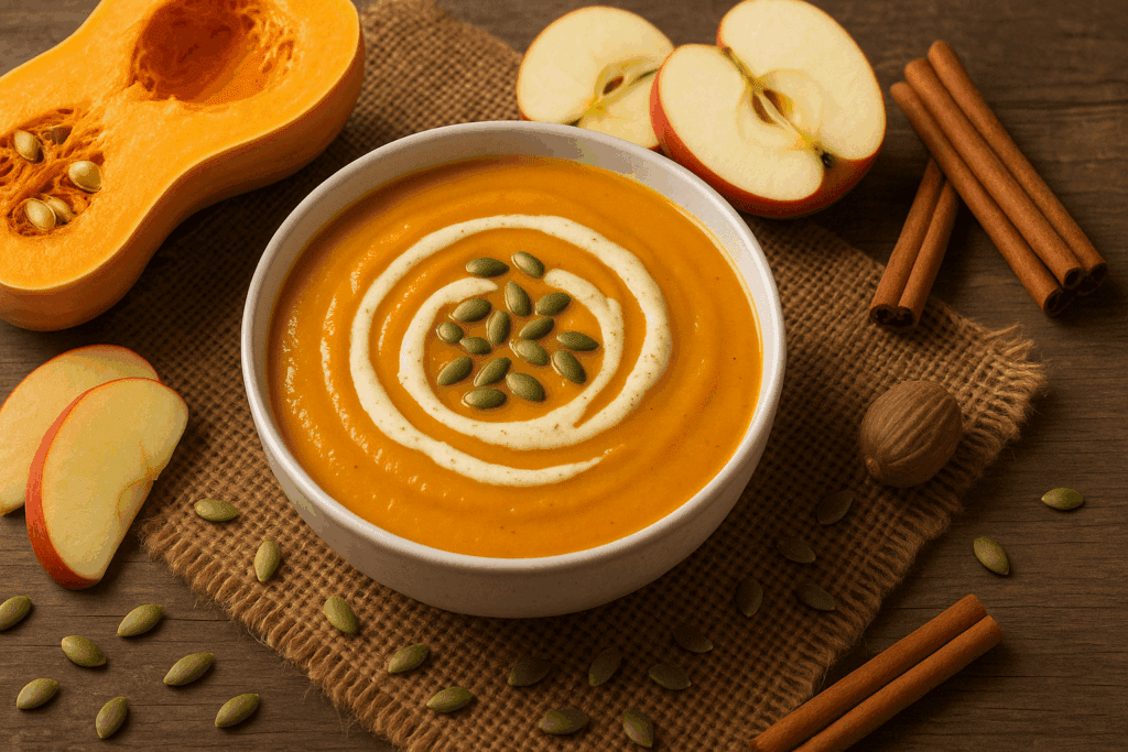 10 Nourishing Vegan and Gluten Free Soup Recipes Backed by Nutrition Science 4 Golden butternut squash and apple soup garnished with pumpkin seeds and spices from fall-inspired vegan and gluten free soup recipes.