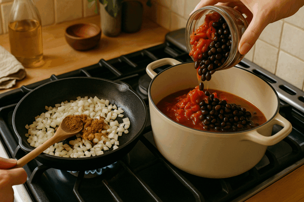 Wholesome Comfort in a Bowl: A Dietitian-Approved Plant-Based Tortilla Soup for Vibrant Vegan Health 4 Flat lay of plant-based tortilla soup ingredients including black beans, pinto beans, tomatoes, corn, and fresh cilantro