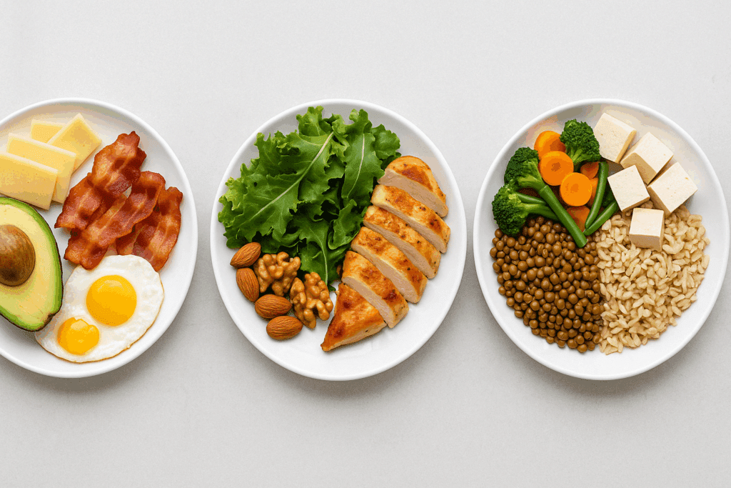 Side-by-side comparison of keto, low carb, and high protein diet meal plan plates with distinct ingredients