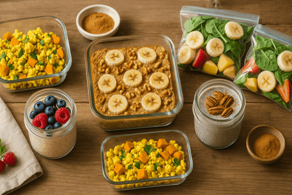 Five nutritious dishes including overnight oats, tofu scramble, and baked oatmeal showcasing real-life healthy breakfast meal prep ideas