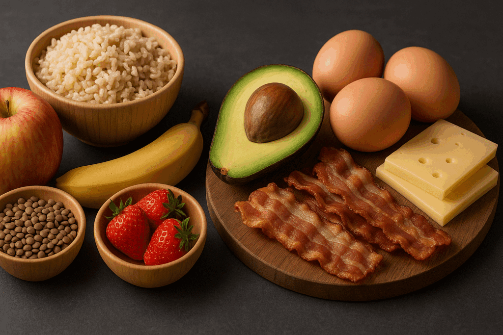 Seven clean, balanced meals displayed for a full day of eating on a healthy bulking diet