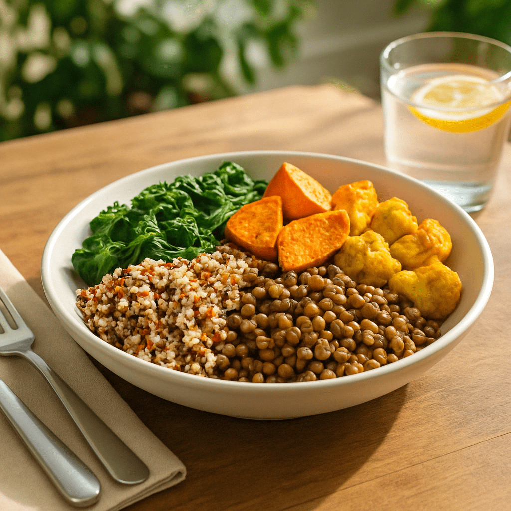 Freshly meal delivery servicea plant-based dish with lentils, greens, and quinoa in a sunlit kitchen setting