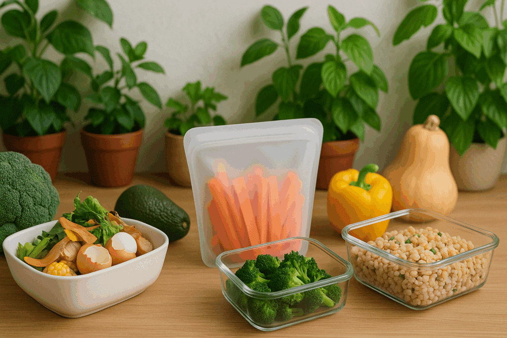 Eco-friendly kitchen setup using the best freezer safe meal prep containers with seasonal produce and reusable utensils