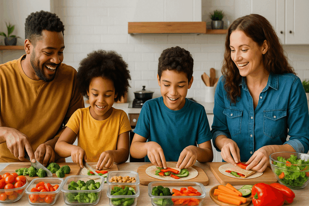 Easy vegetarian meal prep ideas arranged on a wooden table, including stuffed peppers, couscous salad, and roasted vegetables.