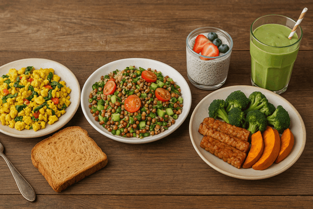 Overhead view of vegan meal prep for weight loss showing prepped meals with lentils, vegetables, and avocado slices.