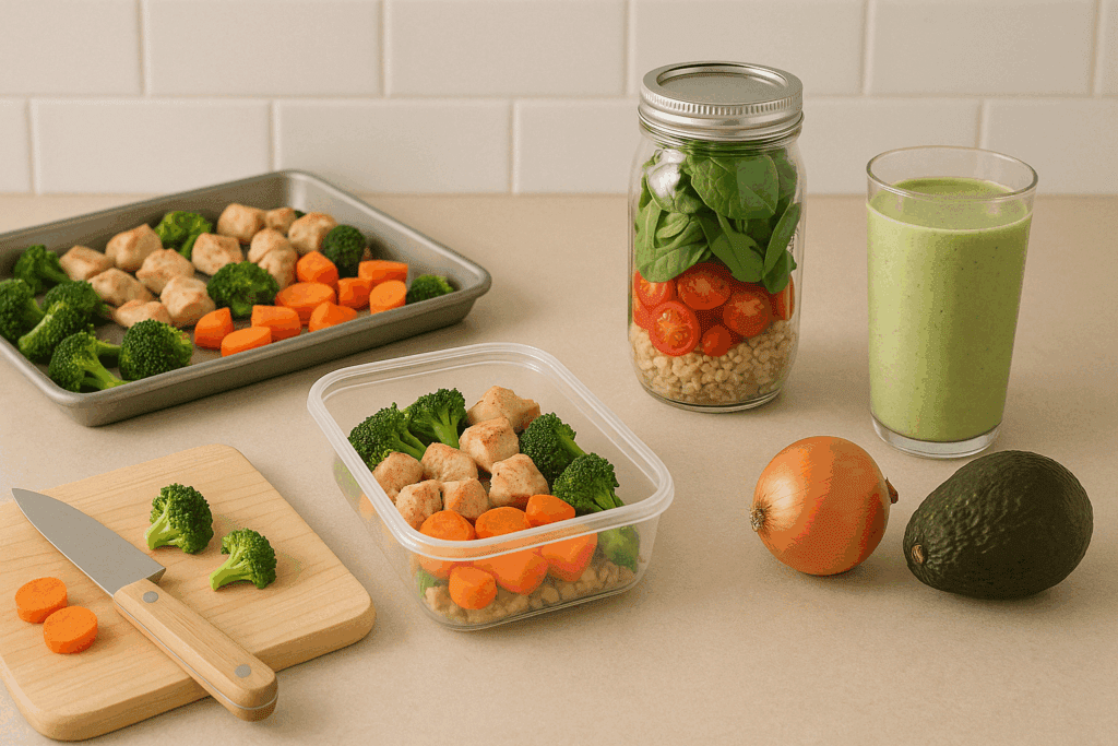 Beginner-friendly simple meal preparation scene featuring a few easy-to-cook recipes in labeled storage boxes.