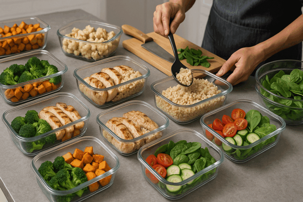 Batch-cooked ingredients in containers for a quick weight loss meal plan, promoting consistency and portion control.